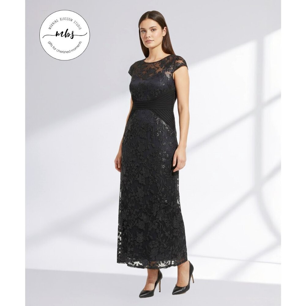 Adrianna Papell Embroidered Sequins LacedBanded Maxi Dress Black Navy Women 14